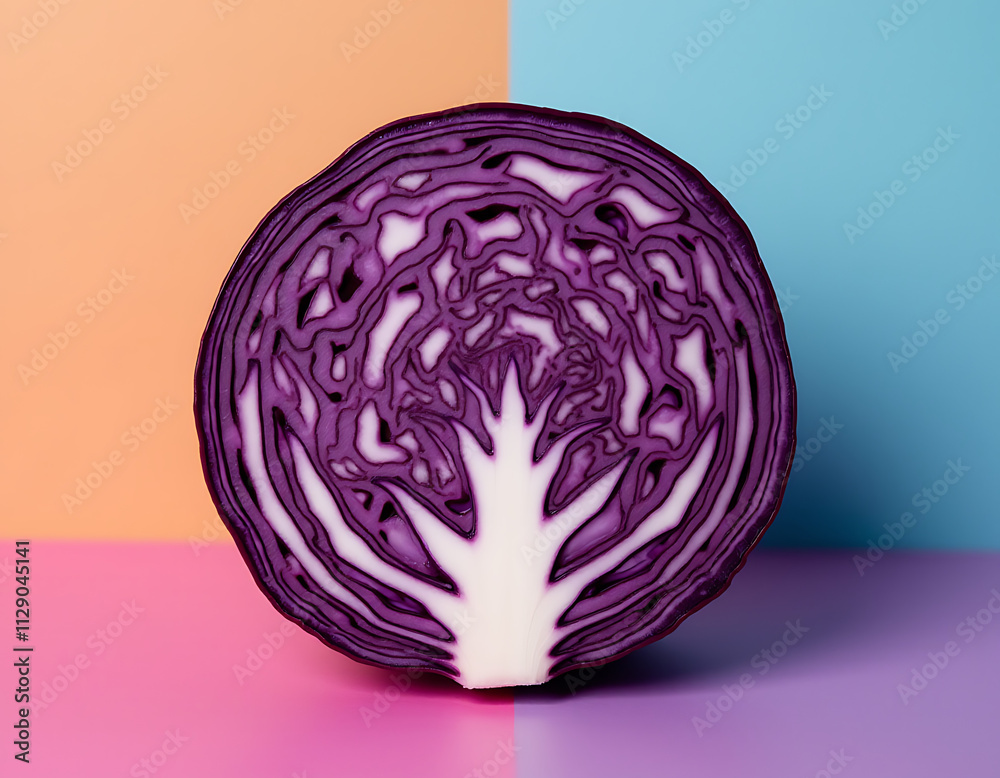 Poster A slice of fresh purple cabbage is placed on a colorful background for a vibrant and visually appealing image._00001_