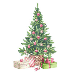 Christmas Tree in basket with holiday decoration gift boxes. Evergreen pine, spruce, fir, larch. Hand drawn watercolor illustration isolated background. For Xmas greeting cards, New Year invitation.