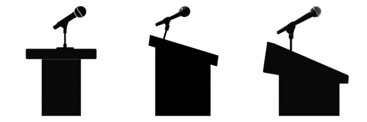 Silhouettes of podiums with microphones for academic presentations