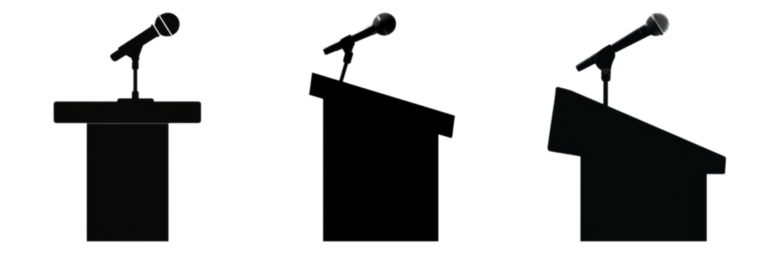 Silhouettes of podiums with microphones for academic presentations