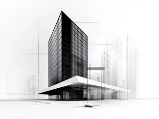 Minimalist skyscraper design, professional blueprint rendering, geometric harmony, sleek and stylish lines, urban architectural concept