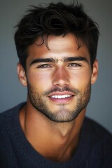 Obraz premium Confident young man with striking features smiles warmly, showcasing a charming expression against a neutral background during daylight