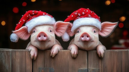 Two adorable piglets wearing festive Santa hats pose playfully by a wooden fence during the holiday...