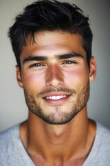Obraz premium Handsome young man with a confident smile posing against a neutral background, showcasing natural charisma and relaxed style