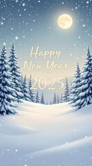 Serene Winter Wonderland New Year's 2025 Scene with Moon, Snow, and Pine Trees
