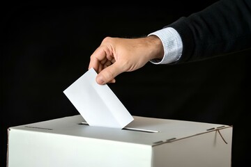 Closeup of hand putting voting card into the ballot box, black background 