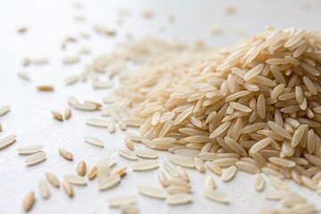 Obraz premium Long Exposure of Raw Rice Grains on a White Background, Showcasing Healthy Cereals and Grains with an Emphasis on Natural Textures and Wholesome Nutrition for Stock Photo Use