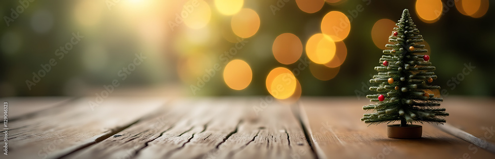 Poster a selective focus photograph captures an empty wood table top blurred christmas tree decoration in s