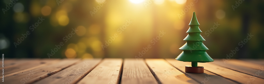 Poster a selective focus photograph captures an empty wood table top blurred christmas tree decoration in s