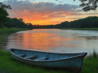 Fototapeta premium Serene Sunset River Scene With A Weathered Rowboat