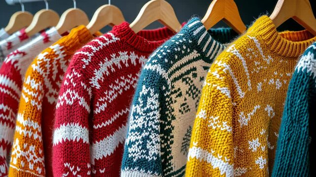 A row of colorful Christmas sweaters on hangers, each sweater adorned with unique patterns.