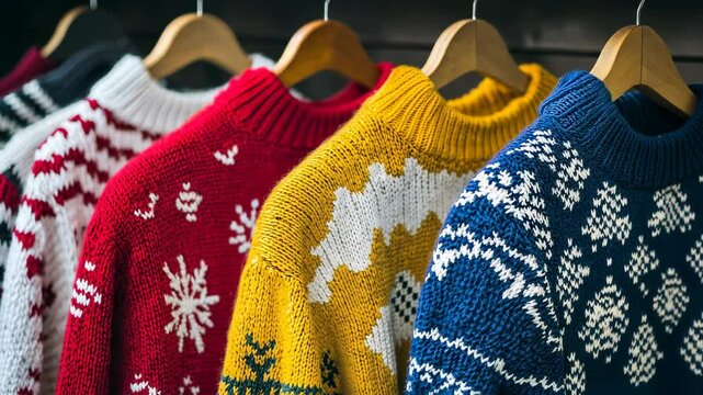 A row of colorful Christmas sweaters on hangers, each sweater adorned with unique patterns.