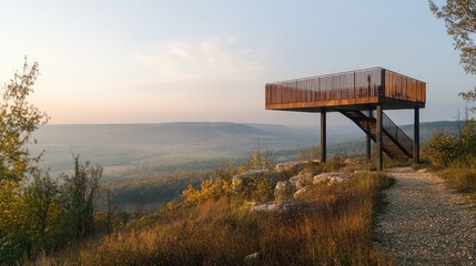 A temporary observation deck made of steel and wood, offering elevated views of a scenic landscape, blending into its environment