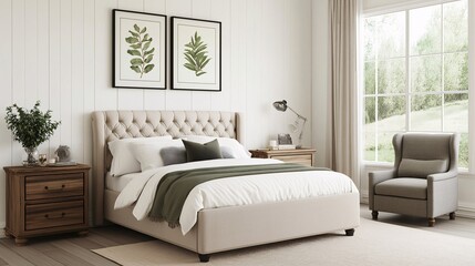 A Serene and Airy Bedroom with Soft Blue Accents, Elegant Bed, Natural Elements, and Bright Window Providing Abundant Daylight for a Refreshing Atmosphere