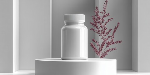 Minimalist display of a white bottle with a lid on a round surface surrounded by delicate foliage in a softly lit indoor setting