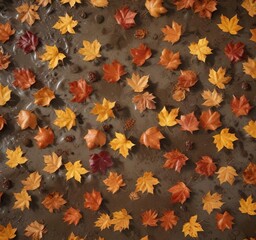 Fototapeta premium Amber autumn leaves scattered on wet earth background from overhead, autumn leaves, fall foliage, natural scene