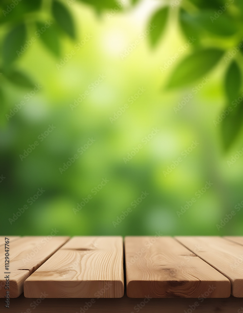 Aufkleber A real wood tabletop with a blurred leaf tree garden background is ideal for creating a unique product display design visual._00002_