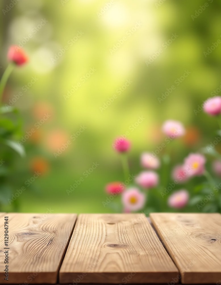 Poster a real wood tabletop with a blurred flower garden background creates a natural and inviting product 