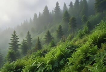 Fototapeta premium Lush green hillside with trees and ferns in the mist, ferns, hillside