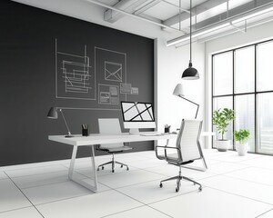 Sleek minimalist office blueprint, urban architecture with focus on simplicity, clean line work, monochrome drafting, ecofriendly design