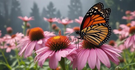 Obraz premium A monarch butterfly sipping nectar from the center of a tall pink coneflower, butterflies, outdoor