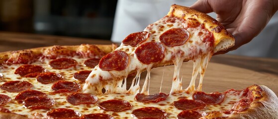 hand grabbing pepperoni pizza slice with melted cheese and crust