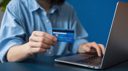 A women with blue shirt hand hold blue credit card with typing laptop, mockup view business transaction with credit card