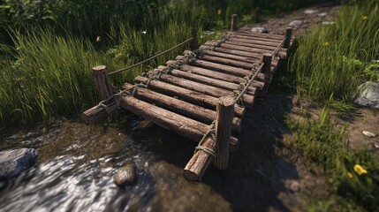 Fototapeta premium A temporary wooden bridge over a small stream, constructed with simple planks and rope, blending into its natural surroundings
