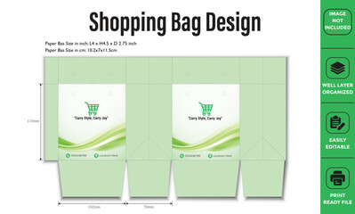 Editable shopping bag template with green color theme, dimensions, and design details. Print-ready file for retail branding.