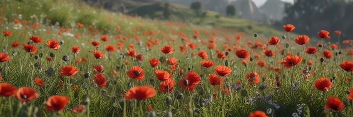 Obraz premium meadow with tall poppies swaying gently in the breeze, green grass, rural landscape