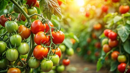 Lush Green Tomato Plants Showcasing Different Stages of Growth and Ripening in a Vibrant Garden Setting, Captured with High Depth of Field for Stunning Detail and Clarity