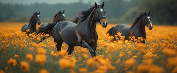 Majestic Black Horses Galloping Through a Golden Field of Flowers