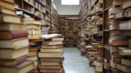 Obraz premium Book stack in the library room and blurred bookshelf background 