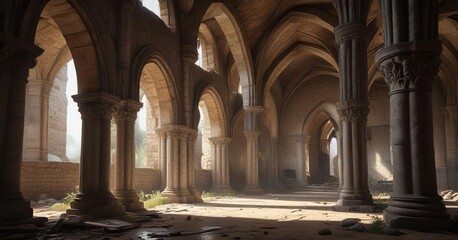 Fototapeta premium Ancient arches and columns supporting a vaulted ceiling in a ruined church , church, historic
