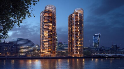 Naklejka premium Two modern, illuminated skyscrapers stand tall by a river at dusk, with other city buildings in the background.