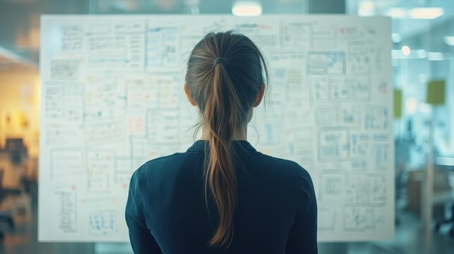 Marketing strategist brainstorming strategies on whiteboard in modern, naturally lit office.

