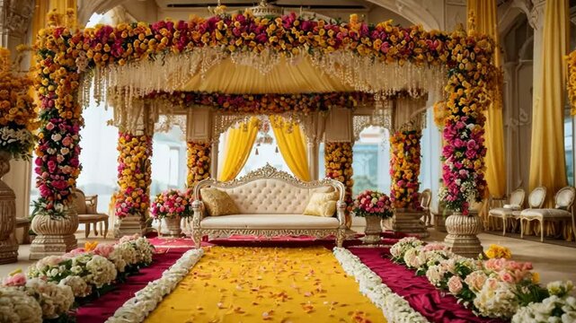 Indian wedding haldi traditional stage flowers