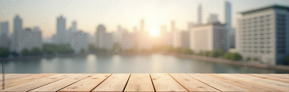 Poster a minimalist wooden table with a blurred cityscape in the background is ideal for a montage product 