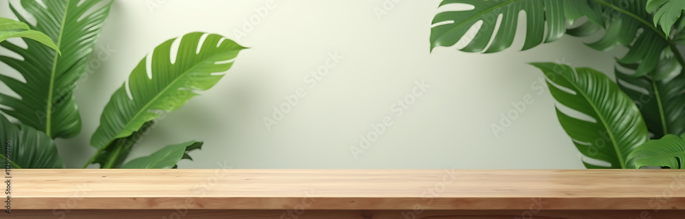 Poster a minimalist wooden table with a natural tropical leaf backdrop is ideal for a product display or ke