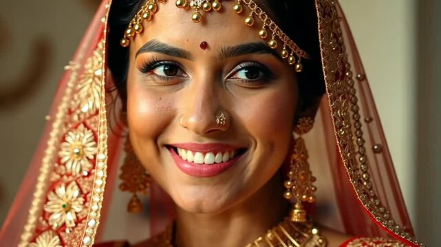 Indian bride in traditional saree gold jewelry smiling at the camera
