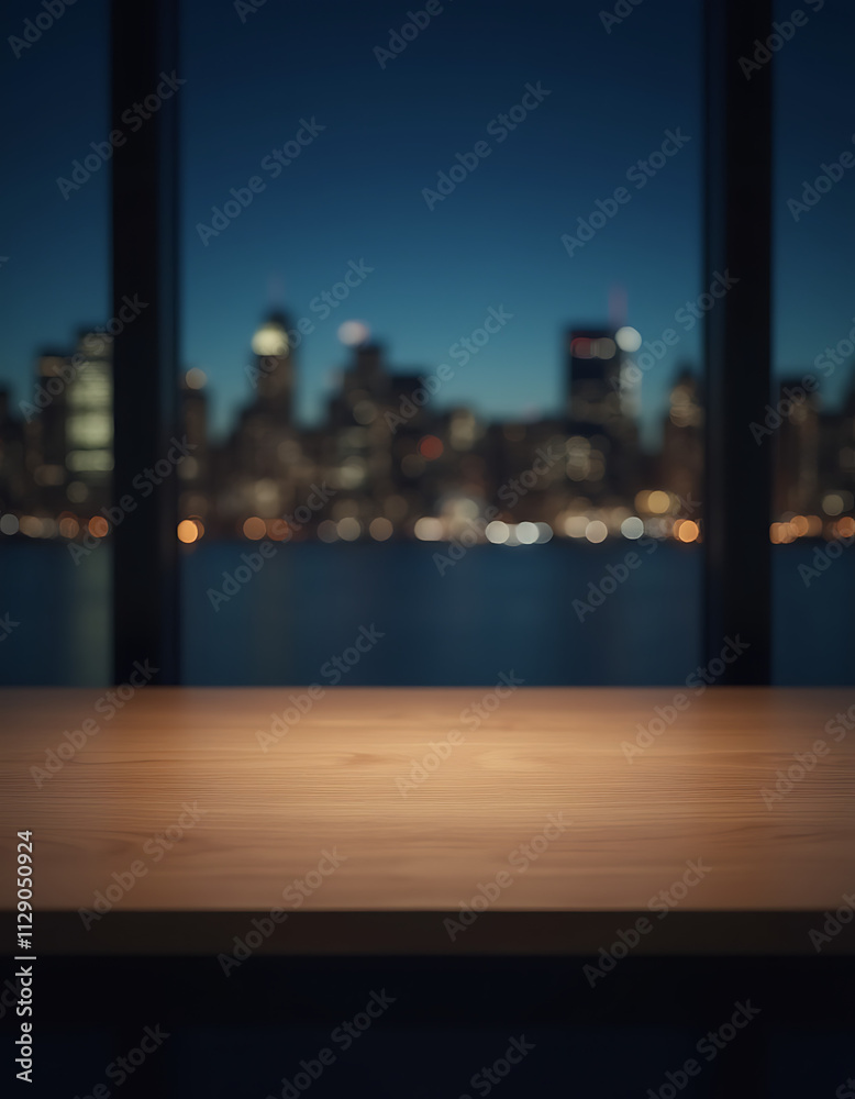 Poster a minimalist wooden table sits empty amidst a blurred cityscape at night, perfect for displaying pro