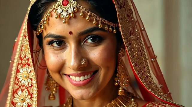 Indian bride in traditional saree gold jewelry smiling at the camera
