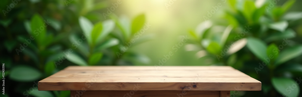 Poster a minimalist wood table sits amidst an abstract green garden backdrop, perfect for a product display
