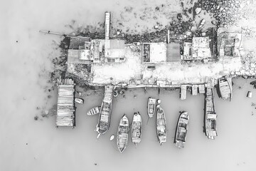 Aerial View of Boats Docked at a Weathered Wharf