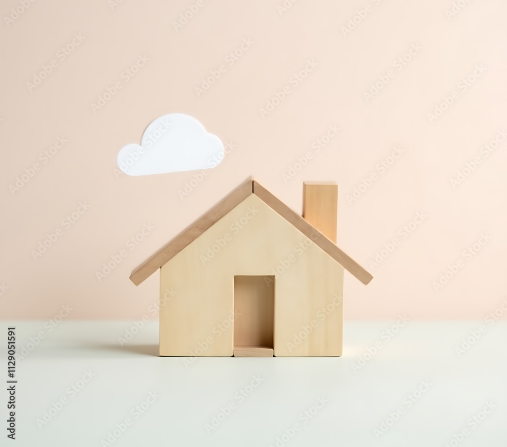 Poster a miniature wooden house model is placed against a soft pastel colored background featuring a subtle