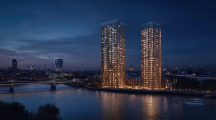 Two illuminated skyscrapers by a river at night.