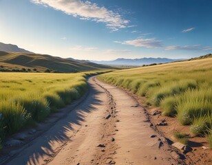 Naklejka premium A peaceful and serene pathway leading to a vast open field under a warm and clear blue sky, peaceful pathway, clear blue sky, rustic scenery