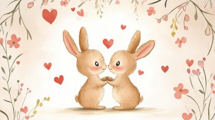 Obraz premium Cute bunny couple surrounded by heart-shaped vine in Valentine's Day illustration