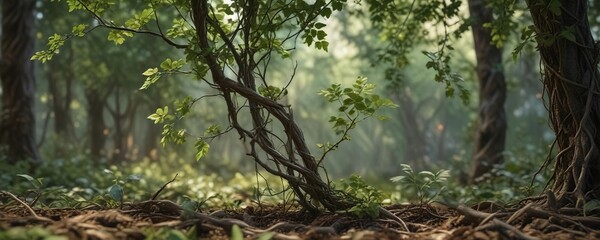 Obraz premium Wild growing vines with leaves and stems entwined around other plants, vine, shrub