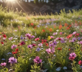 Wildflowers swaying gently in the breeze with sunlight filtering through, spring flowers, colorful flowers, outdoor flowers